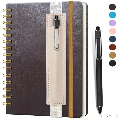 DWIYITTN Notizbuch A5 Liniert, Hardcover Spiralbindung 80 Blatt /160 Seiten Notizbuch mit Stift & Kunstleder-Stifthalter Collegeblock Notizblock für Arbeit Büro Schule 14,5 x 21cm 80 g/m² -Dunkelbraun