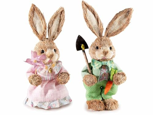 Gruppo Maruccia - Osterhasen aus Naturfaser mit Kleidung und Zubehör - Heimdekoration, Geschenkidee - 2er-Set