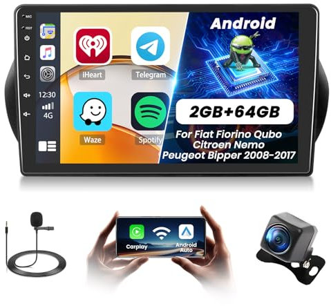 Fuluku 2+64G Android Autoradio für Fiat Fiorino Qubo/Citroen Nemo/Peugeot Bipper 2008-2017 mit Wireless Carplay&Android Auto, 10,1'' IPS Touchscreen Radio Bluetooth/GPS/Rückfahrkamera/FM/WiFi/SWC/26UI