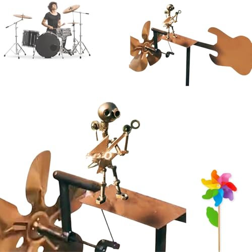 Handmade Guitar Windmill Metal, Drummer Windmill, Rock Band Windmill Garden Decoration, Guitarist Percussionist Music Figurines and Statues, Wind Spinners & Sculptures for Yard Lawn Garden Patio (A1)