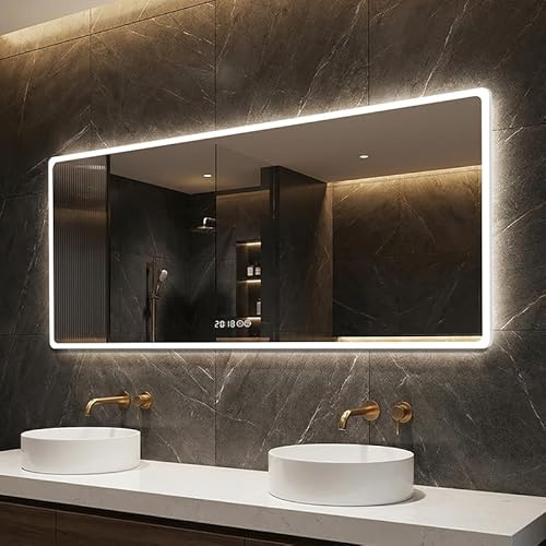Generisch LED Spiegel 140x80 cm, mit Zeit- und Temperaturanzeige, Front- und Rücklicht, Dimmbar mit Touch-Steuerung, 3 Lichtfarben, Antibeschlag-Funktion, Frostkante