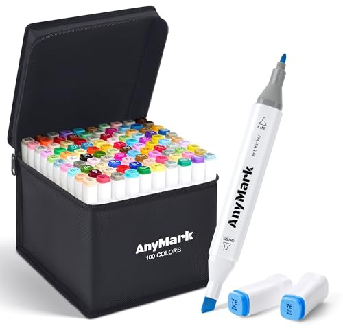 AnyMark Alkohol Marker, 100 Farben Doppelspitze Alcohol Marker | Künstler Stifte Set zum Erwachsene Zeichnen, Illustrationen und Skizzieren, Meißel- & Feinspitzen