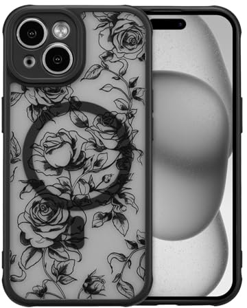 XIZYO Matt Magnetisch Hülle für iPhone 13, Zweig Rose/Schwarz | Niedlich Transluzent Rose Blume Muster, Ästhetisch Floral Luxus Mädchen Design, Stoßfest Anti-Gelb,Weiche TPU,Schlanke Dünne