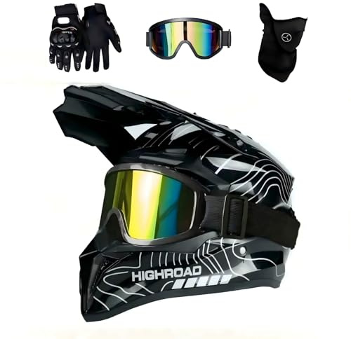 DriveNova Casco Integrale Motocross per Bambini e Adulti, Con Guanti Occhiali Maschera, Casco Motocross Integrale Motard Downhill, Caschi Moto Cross Integrali DOT Casco Downhill (Bianco, S-M)