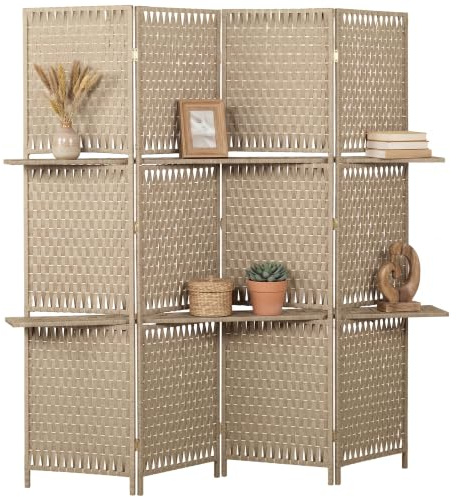 HOMCOM Paravent Intérieur 4 Panneaux 2 Étagères Pliables 181x180cm Naturel | Séparateur de Pièce, Bois de Pin, Bambou, Fibres de Papier Tressée