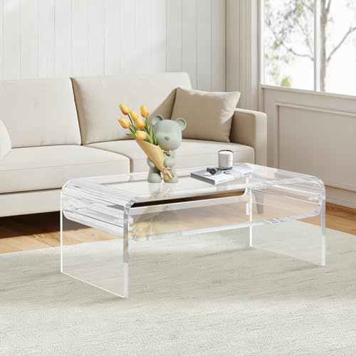 Couchtisch, Acryl Beistelltisch Wohnzimmertisch, Transparenter Acryl Tisch mit 2-stöckiger offener Ablage, Moderner Design Sofatisch für Wohnzimmer Esszimmer Küche Büro, Stabiler Aufbewahrungstisch