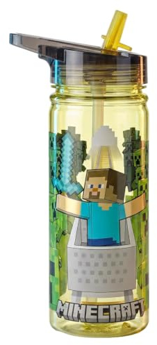 Minecraft 580ml BPA-Free Kids Water Bottle with Flip Straw Lid – Officially Licensed, Leakproof Reusable Drink Bottle for School, Sports & Travel featuring Steve and Creepers