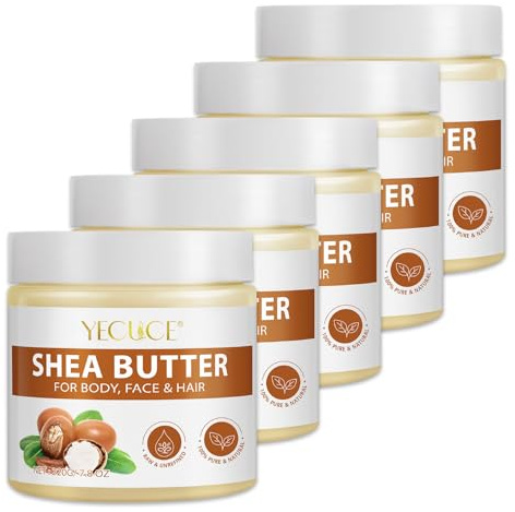 P-Beauty 100% Bio Shea Butter 5x220g - Körperbutter Vegan & Naturbelassen - Intensive Feuchtigkeitscreme für Gesicht, Körper, Haare & Nägel - Creme für Trockene Haut - Pflege, Haarpflege, Lippenpflege