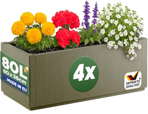 Casaria® 4X Jardinière Ethica Vert Olive 80x36x36cm 80L Résistante Fond d'écoulement - Bac à Fleurs Pot de Fleurs Jardin Balcon