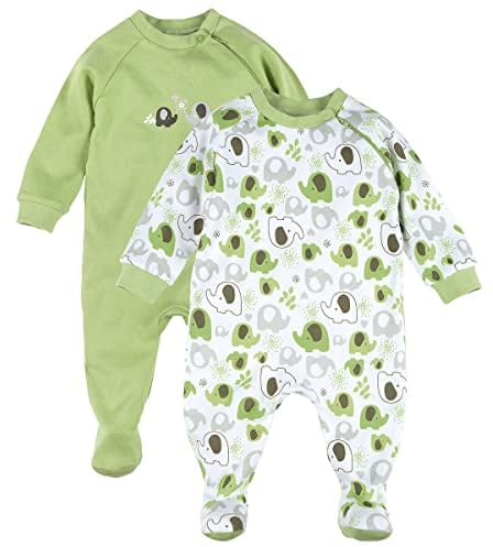 Bornino Basics - Schlafoverall Set 2er-Pack grün - für Babies - seitlicher Reißverschluss Einteiler - Allover Elefanten-Print - Reine Baumwolle - Größe 86