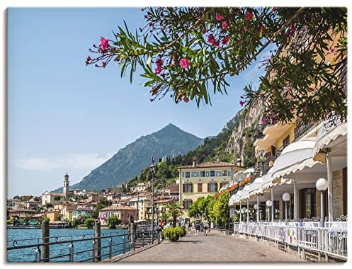 ARTLAND Wanddeko Leinwand Bilder Wandbild 120 x 90 cm Stadt Pier Promenade Restaurant See Gardasee Berge Südtirol Italien Q3BQ