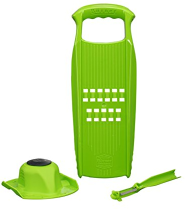 Börner Rösti PowerLine Reibe Set (3-tlg.) • Gemüsereibe + Fruchthalter + Sparschäler • Gemüsehobel für Rösti, Zucchinipuffer, Kartoffelpuffer • Kartoffel Küchenhobel • Farbe: Grün