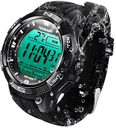 TEKMAGIC 10 ATM Digital Submersible Unisex adult Diving Watch 100m Water Resistant Swimming Sport Wristwatch Luminous LCD Screen with Stopwatch Alarm Function