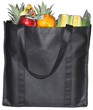 YBCPACK 6 Pack Reusable Grocery Tote Bags With Handles, Non-woven Shopper Bags- Hold 44+ lbs (20 KG) - Extra Large & Durable Foldable Shopping Bags (Black, 15” x 10”x 14”)
