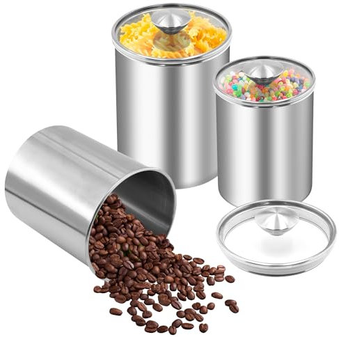 ENLOY Canister Sets for Kitchen Counter, 3 Piece Stainless Steel Food Storage Container with Clear Glass Lids for Coffee, Tea Organizers, Sugar Canister, Flour Canister Set of 3, 88/61/29 oz