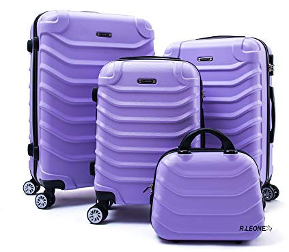R.Leone Valigia Set 4 Trolley Rigido grande, medio, bagaglio a mano e beauty case 8 ruote in ABS 2026 (Lilla, Set 4 XS S M L)
