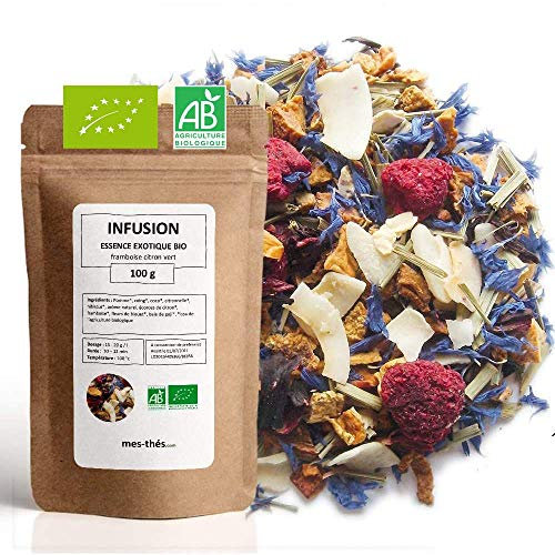Infusion Bio Framboise citron vert - Essence Exotique - 100g (40 tasses) - Thé en vrac 100% Agriculture Biologique - Mes-Thés