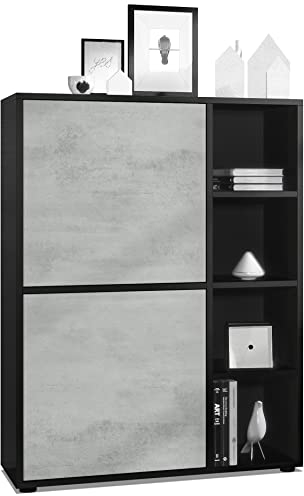Vladon Highboard Schrank Anrichte Cuba mit 8 Fächern, Made in Germany, Korpus in Schwarz matt/Fronten in Beton Oxid Optik