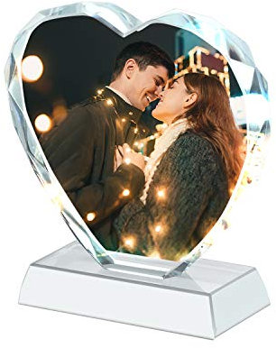 Cadre Photo Personnalisé en Cristal Bloc de Verre de Cristal avec Votre Image Photo Plaque Photo Coeur Luxueux Ornement de Table Cadeau d'Anniversaire Noël pour Maman Papa Bébé Famille Amis Animal