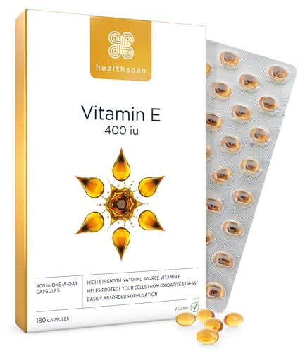 Healthspan Vitamin E 400iu | High Strength Formula to Combat Cell Damage | Sourced from Natural Vegetable Oils for Easy Absorption | Powerful antioxidant Support | Vegan (180 Capsules)