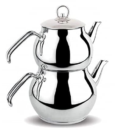 DESTALYA Türkische Teekanne Set, Edelstahl Doppel Teekannen für Herd Top Teebereiter mit Griff Samowar Stil Selbstbeanspruchter Teekessel Wasserkocher Wasserwärmer, Caydanlık Takımı (Midi Metall)
