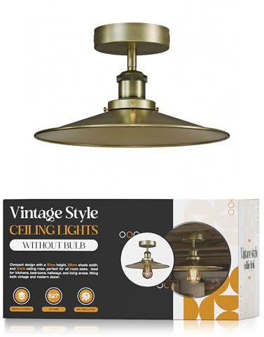 LEDSone Vintage Semi Flush Mount Ceiling Light Fixture Industrial | Metal Downlight Green Brass Lampshade Living Room Indoor Decoration E27 Base LED Ceiling Lamp Chandeliers for Kitchen Hallway
