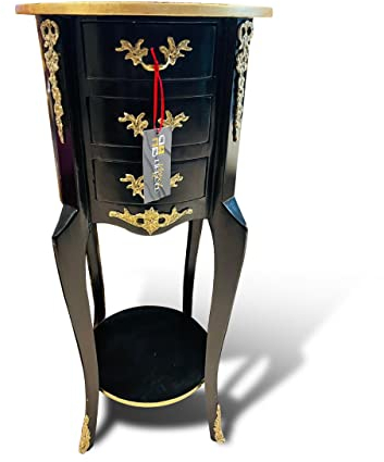 MACE - Buche Holz Barock Stil Runder Tisch, Beistelltisch, Nachttisch, Dekor Kommode, Schwarz Und Gold - DREI Schubladen - 35cm Durchmesser - Für Wohnzimmer, Für Schlafzimmer, Flur