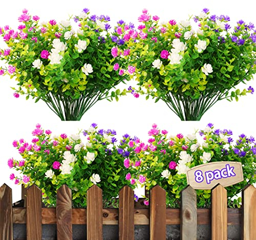 KYYLZ 8 Stück Kunstblumen für Außen,Künstliche Blumen Balkon Kunstblumen,Wetterfest Kunstpflanzen,UV-Beständige Draußen Pflanzen Plastik Blumenstrauß für Hausgarten Hochzeit Party Friedhof Dekoration