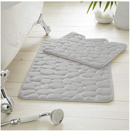 Artistic Fashionista Limited 2 Pieces Memory Foam Pebble Bath Mat Rugs for Bathroom - Non Slip - Super Soft - Extra Absorbent - Washable - Bath & Pedestal Bathroom Mats Toilet Shower Set (Silver)