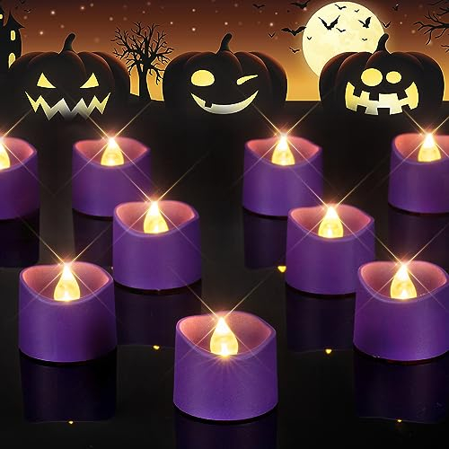 Homemory Purple Tea Lights Candles Battery Operated, 200+Hour Flameless Flickering Fake Electric LED Colored Tealights Candles for Party, Wedding, Halloween, Mardi Gras, Holiday Decor, 12-Pack