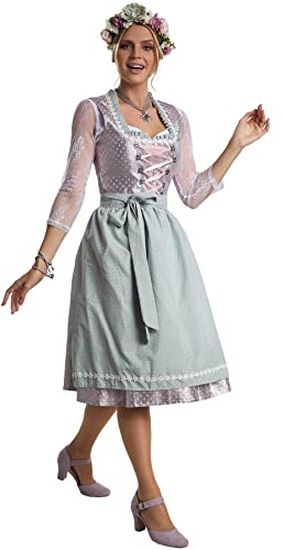 dressforfun Midi Dirndl Damen, Dirndl lang, Trachtenkleid, Dirndlkleid Damen, Trachtenmode Damen Trachten Trachtenrock mit Dirndlschürzen, Tracht Oberteil mit Schnürung, Rüschen - Diverse Größen