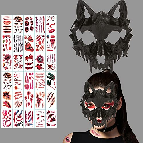 ZELAITE Tier Skelett Maske Halloween, Harz Hund Schädel Knochen Zähne Scary Horror Devil Wolf Werwolf Maske Halbmaske für Karneval Fasching Kostüm Halloween Maske Skelett kinnlos (D)