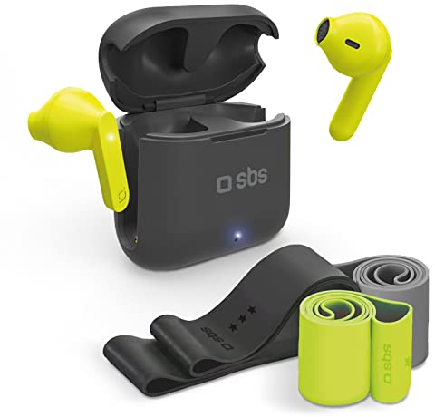 SBS Music Bounce Sport-Set mit 3 elastischen Fitnessbändern und TWS-Kopfhörern, elastische Bänder mit unterschiedlichen Intensitäten, inklusive Tragetasche, Ladekabel und Übungsanleitung