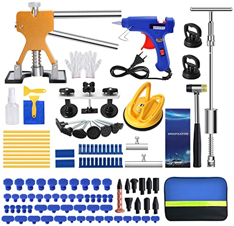 Fybitlilian 97pcs Auto Reparatur Ausbeulwerkzeug Lackfreies Dent Puller Set Dellen Reparaturset Auto Paintless Dent Removal Kit DIY Golden Lifter für Fahrzeug Dellen