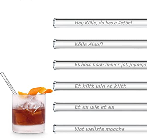 HALM Glasstrohhalme Köln Edition Lustige Karneval Sprüche | 6x 15 cm kurz Strohhalme aus Glas Geschenkset mit gravierten Sprüchen | Cocktail Set Kölle Alaaf Fasching Deko