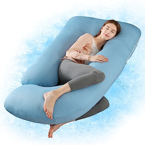 Wndy's Dream Pregnancy Pillow with Cooling Cover, Side J Type Full-Body Pillow for Back, Legs and Belly Support, Comfortable Cover for Pregnant Women (Cooling-blue)