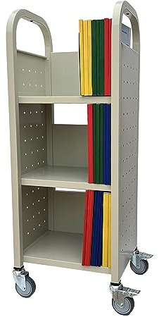 Workington Rollwagen mit 3 flachen Ablagen, Bücherwagen mit 3 flachen Regalen, Bibliotheksbuchwagen mit drehbaren feststellbaren Rollen, 3000 Kitt