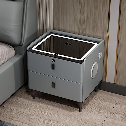 Smart Nightstand, End Table with Charging Station Wireless and LED Lights, Fingerprint Lock,Bluetooth Speaker Side Table, Modern Small Bedside Table with 2 Storage Drawers for Bedroom Living Room ( Co