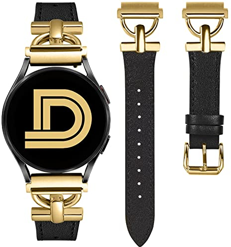 Wearlizer Lederarmband Kompatibel mit Samsung Galaxy Watch 7/6/4/5 Active 2 40mm 44mm/5 Pro 45mm/4 Classic Damen, 20mm Elegant Armbänder für 6 Classic/FE 40mm, Schwarz/Gold