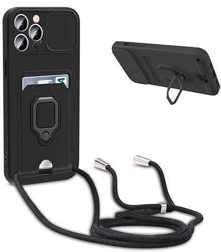 BGHHEU Coque avec Cordon pour iPhone 13 Pro Max,Collier pour Étui Colliers de cellulaire Réglable Corde Silicone Souple Case,Protection de la Caméra,Support,Porte Cartes - Noir