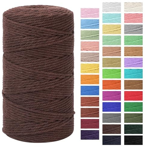 Cordoncino macramè da 3 mm x 160 m, 100% cotone naturale, corda macramè a 4 fili in cotone intrecciato per fai da te, lavori a maglia, grucce per piante, decorazioni per matrimoni, colore: caffè scuro