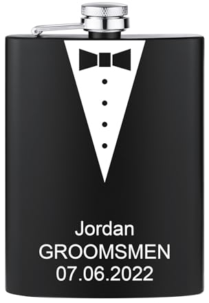 MeMeDIY Petaca Personalizado Regalos de Padrino de Boda para Boda Nombre Grabado Texto Símbolo/Imagen Caja de Regalo Opcional Petaca Personalizado de Acero Inoxidable de 6 a 8 Onzas Negro B - 1 Set