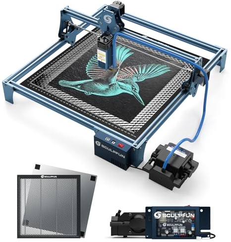 SCULPFUN S9 Lasergravurmaschine mit automatischem luftunterstütztem Laser-Waben-Arbeitstisch, 90W effekt Holz Schneiden Gravieren, präziser Fokus, 410 x 420 mm großer Lasergravierer mit Schutzbrille