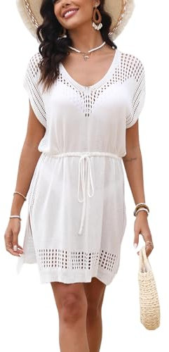 Codkkre Robe de Plage Femme Été Cache Maillot de Bain Femme Crochet Tenue de Plage Blouse de Plage Sexy V-Cou Bikini Cover Up, Blanc
