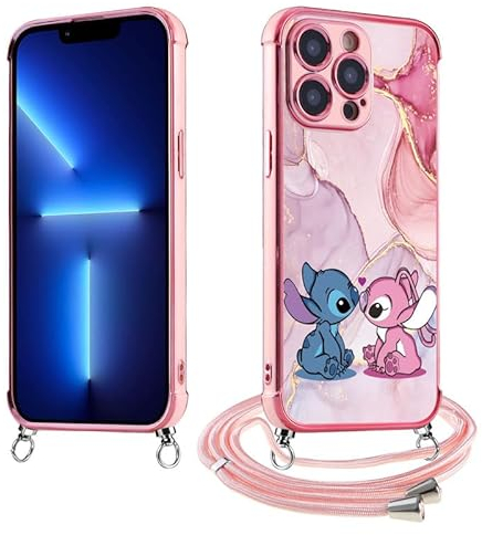 Frauen Mädchen Handykette Handyhülle für iPhone X XS 5.8, Karikatur Niedlich Stitch Süßes Lustig Muster, Necklace Galvanik Silikon TPU Schutzhülle mit Band zum Umhängen Kordel Bumper Case,Rosa 03