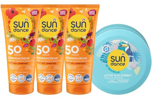 Sundance 5er-Set Hautpflege: Sonnencreme SOMMERWIESE duftet nach lieblicher Sommerwiese, UVA & UVB-Schutz, LSF 50 HOCH (3 x 100 ml) + After Sun SORBET hautberuhigend, tropischer Duft (200 ml), 500 ml