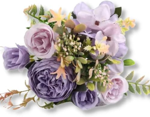Taasmoog Silk Artificial Flower Bouquet, Purple Roses Artificial Flowers Fake Flowers Realistic Fake Plant for Cake Decoration Home Décor Weddings DIY and Crafts (Peony Rose Hydrangea Foliage)