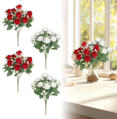 4 Stück Künstliche Rosen Blumen Foamrosen Kunstblumen Blumenarrangements Rosenköpfe Gefälschte Kunstrose Rose DIY Hochzeit Blumensträuße Braut Fake Rose für Hausgarten Party Hotel Büro Dekor(Weiß,Rot)