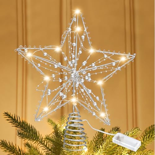 Weihnachtsbaumspitze, 11,8 Zoll Christbaumspitze, Weihnachtsbaum Spitze Stern, Weihnachtsdeko mit 10 LED Glitzernd Perle, LED Stern Tannenbaum Deko, Batteriebetrieb Durchbrochen Christbaumschmuck