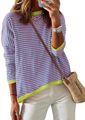 Cuptacc Pullover Damen Gestreiftes Shirt Rundhalsausschnitt Baumwolle Sweatshirt Langarm Pulli Damen Elegant Blue Purple Groß L 42-44